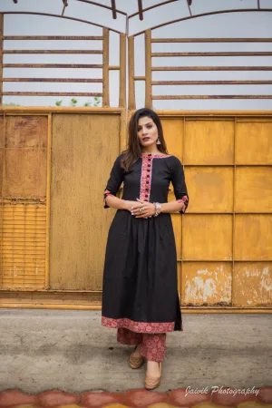 Elegant Black Kurta with Ajrakh Print Detailing & Matching Pants Set