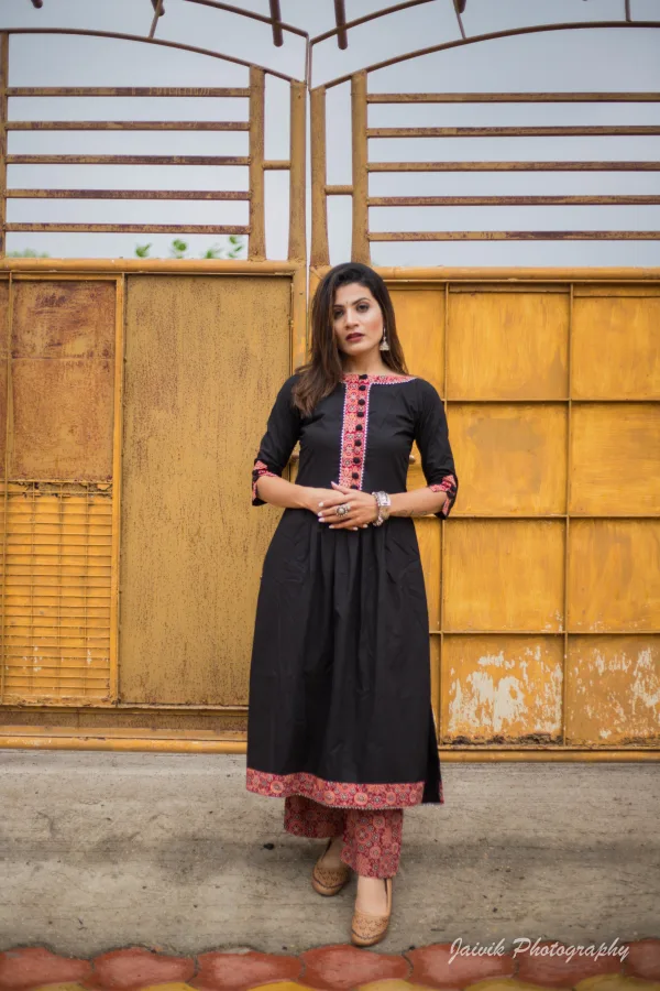 Elegant Black Kurta with Ajrakh Print Detailing & Matching Pants Set