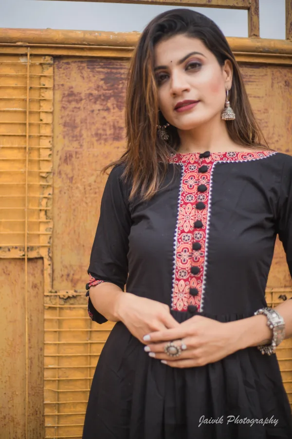 Elegant Black Kurta with Ajrakh Print Detailing & Matching Pants Set - Image 3