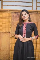 Elegant Black Kurta with Ajrakh Print Detailing & Matching Pants Set