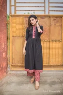 Elegant Black Kurta with Ajrakh Print Detailing & Matching Pants Set