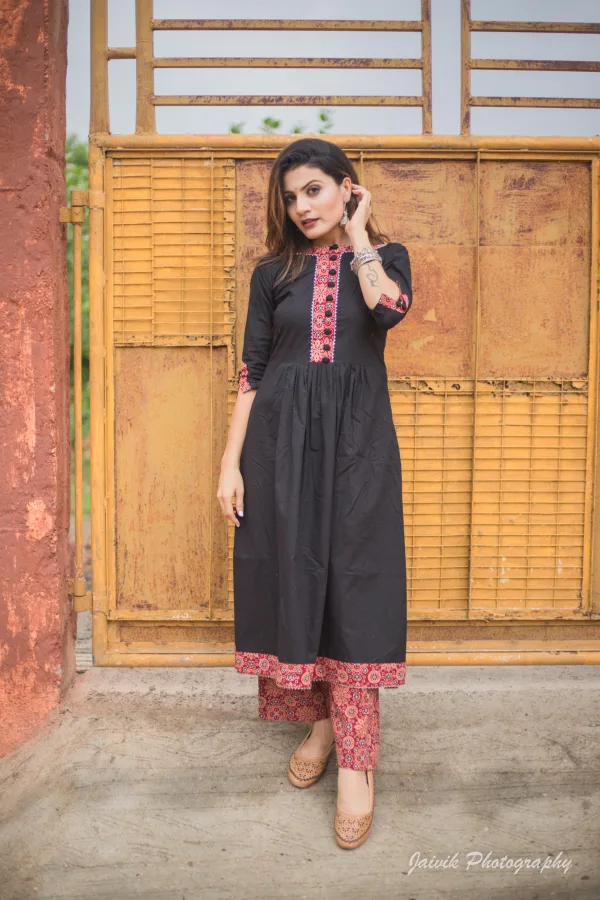 Elegant Black Kurta with Ajrakh Print Detailing & Matching Pants Set - Image 5