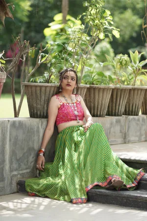 Trendy Green Bandhani Chaniya with Pink Bandhej Blouse