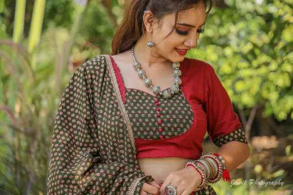 Elegant Maroon & Olive Green Cotton Chaniya Choli Set - Image 4