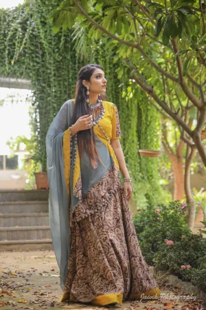 Mustard Kalamkari Cotton Chaniya Choli