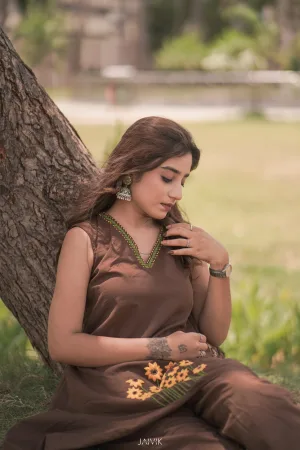 Chocolate Brown Floral Embroidered Asymmetric Kurta Set