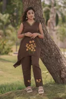 Chocolate Brown Floral Embroidered Asymmetric Kurta Set