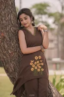 Chocolate Brown Floral Embroidered Asymmetric Kurta Set