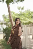 Chocolate Brown Floral Embroidered Flared Cotton Frock
