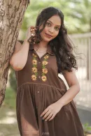 Chocolate Brown Floral Embroidered Flared Cotton Frock