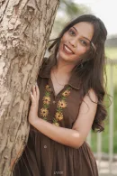 Chocolate Brown Floral Embroidered Flared Cotton Frock