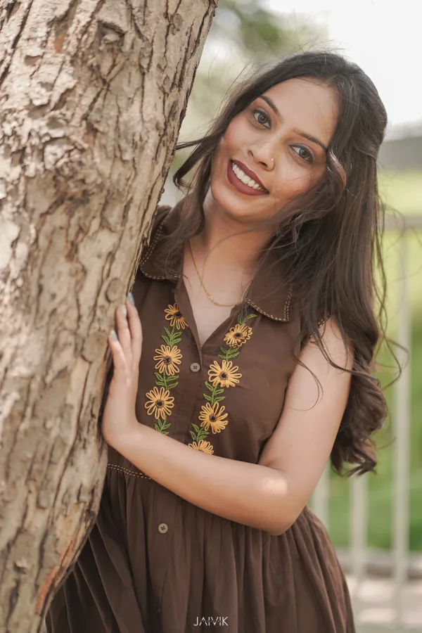 Chocolate Brown Floral Embroidered Flared Cotton Frock - Image 4