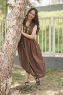 Chocolate Brown Floral Embroidered Flared Cotton Frock