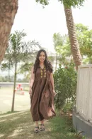 Chocolate Brown Floral Embroidered Flared Cotton Frock