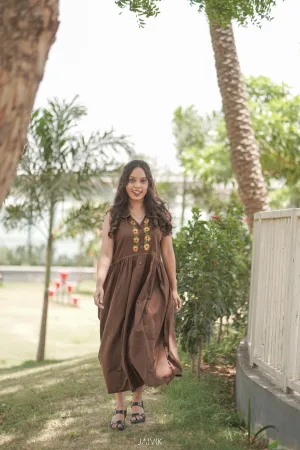 Chocolate Brown Floral Embroidered Flared Cotton Frock