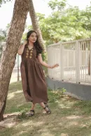 Chocolate Brown Floral Embroidered Flared Cotton Frock