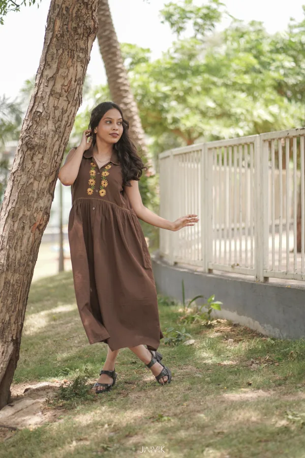 Chocolate Brown Floral Embroidered Flared Cotton Frock - Image 2