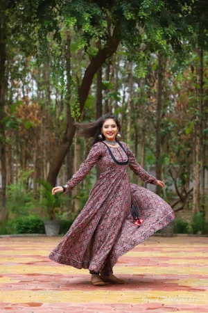 Ajrakh Print Anarkali Flared Maxi Dress - Ethnic Cotton Long Dress