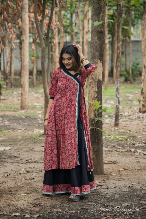 Ajrakh Wrap Style Angrakha Kurta with Flared Palazzo Set - Image 2