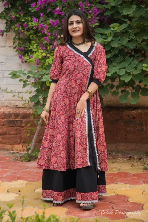 Ajrakh Wrap Style Angrakha Kurta with Flared Palazzo Set