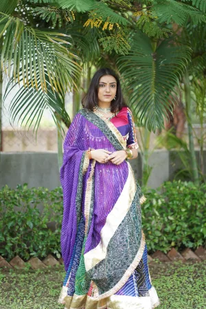 Multicolor Traditional Bandhani Chaniya Choli with Patola Patch Work & Mirror Work Dupatta